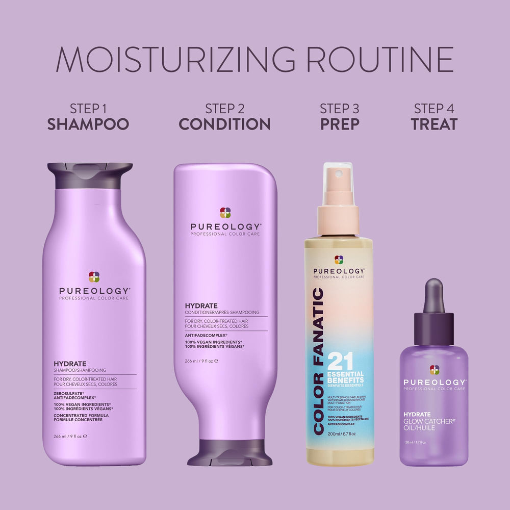 Pureology bottle next to everyday items showing true size and travel-friendly benefit