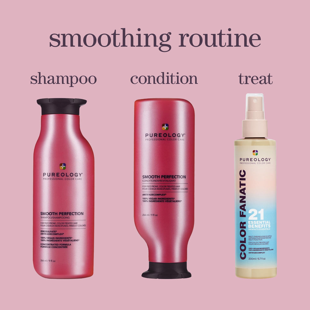 Pureology before and after hair comparison showing reduced frizz benefit
