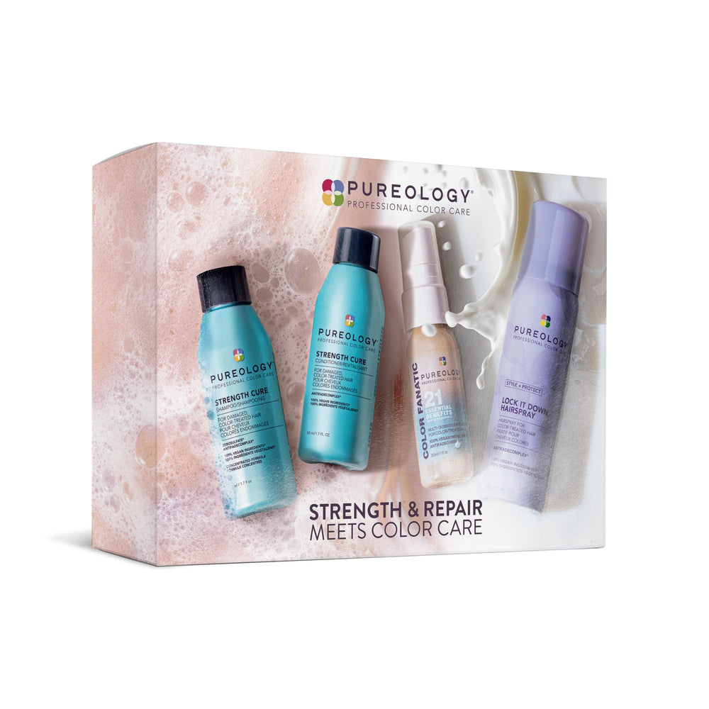 Pureology Strength Cure front packaging showing all four travel-sized products and benefits