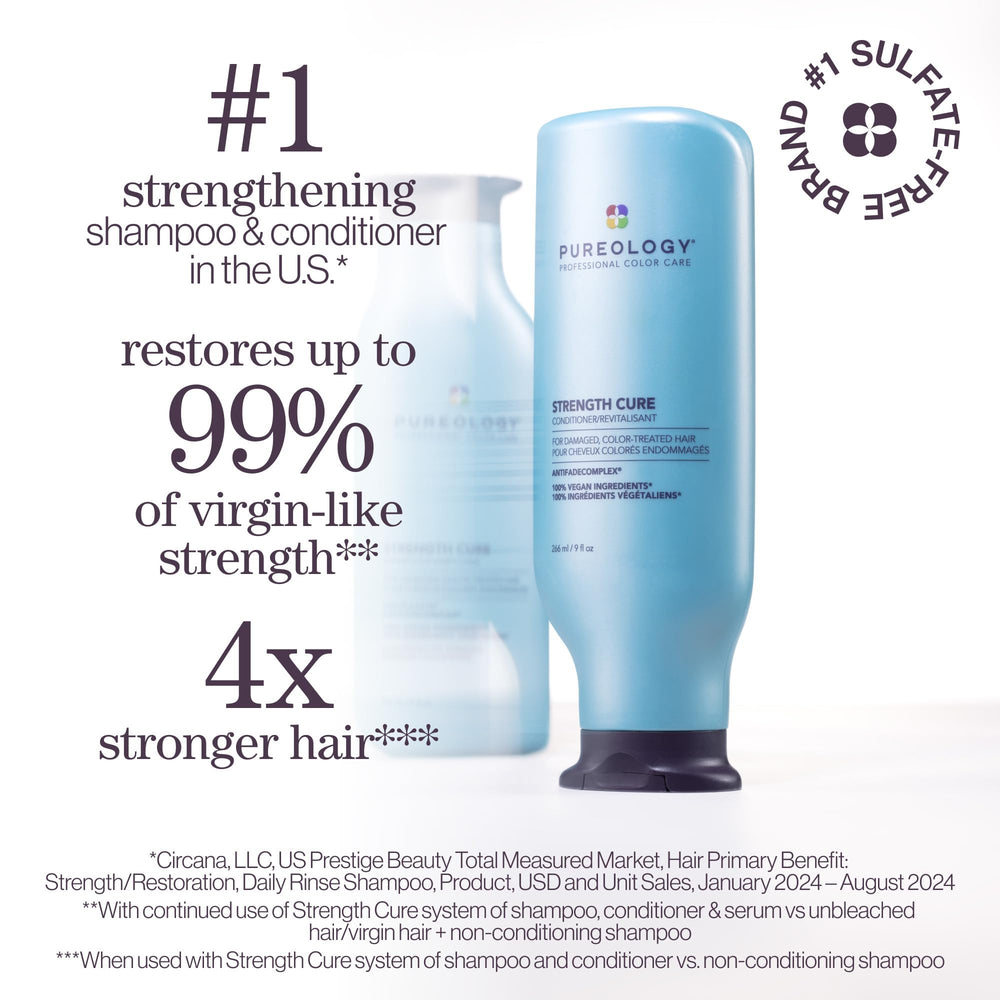 Pureology Strength Cure bottle being poured to show creamy formula and easy dosing benefit
