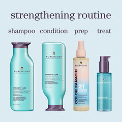 Pureology Strength Cure 1.7 fl oz next to a hand for scale to convey travel-friendly size