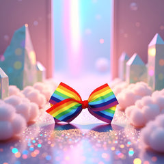 PurYupearl pair of rainbow bows on tabletop ready to wear
