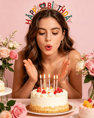 PUSABAOWO headband worn at party table showcasing decorative impact for celebrations