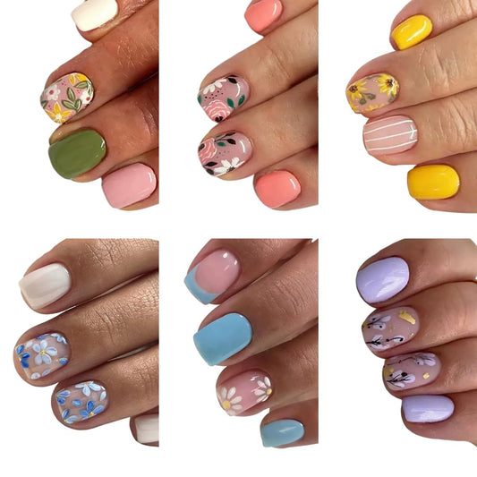 Puyokinm front packaging showing 144-piece floral press-on nails and accessories for easy selection