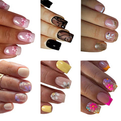 Puyokinm front packaging showing 144-piece floral press-on nails and included tools, convenient set