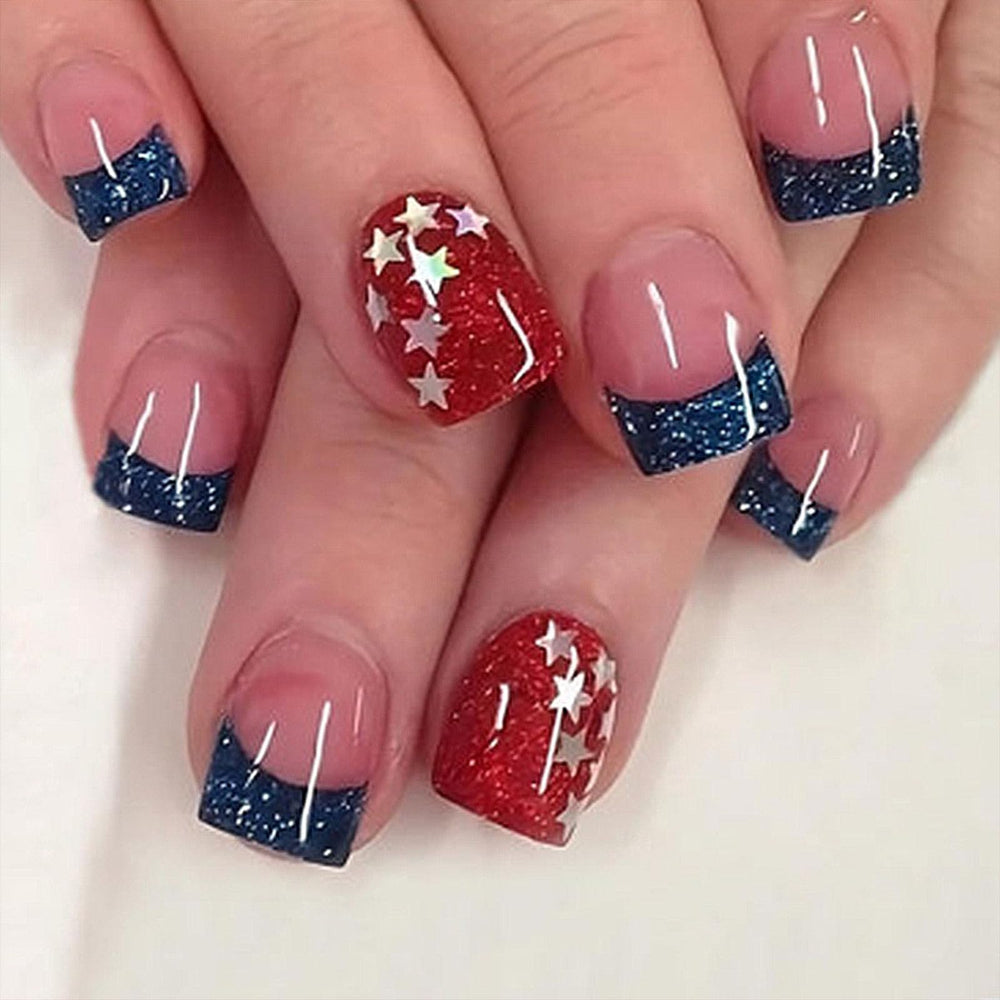 PXUEZAY front packaging showing 24 patriotic press-on nails and kit tools for convenience