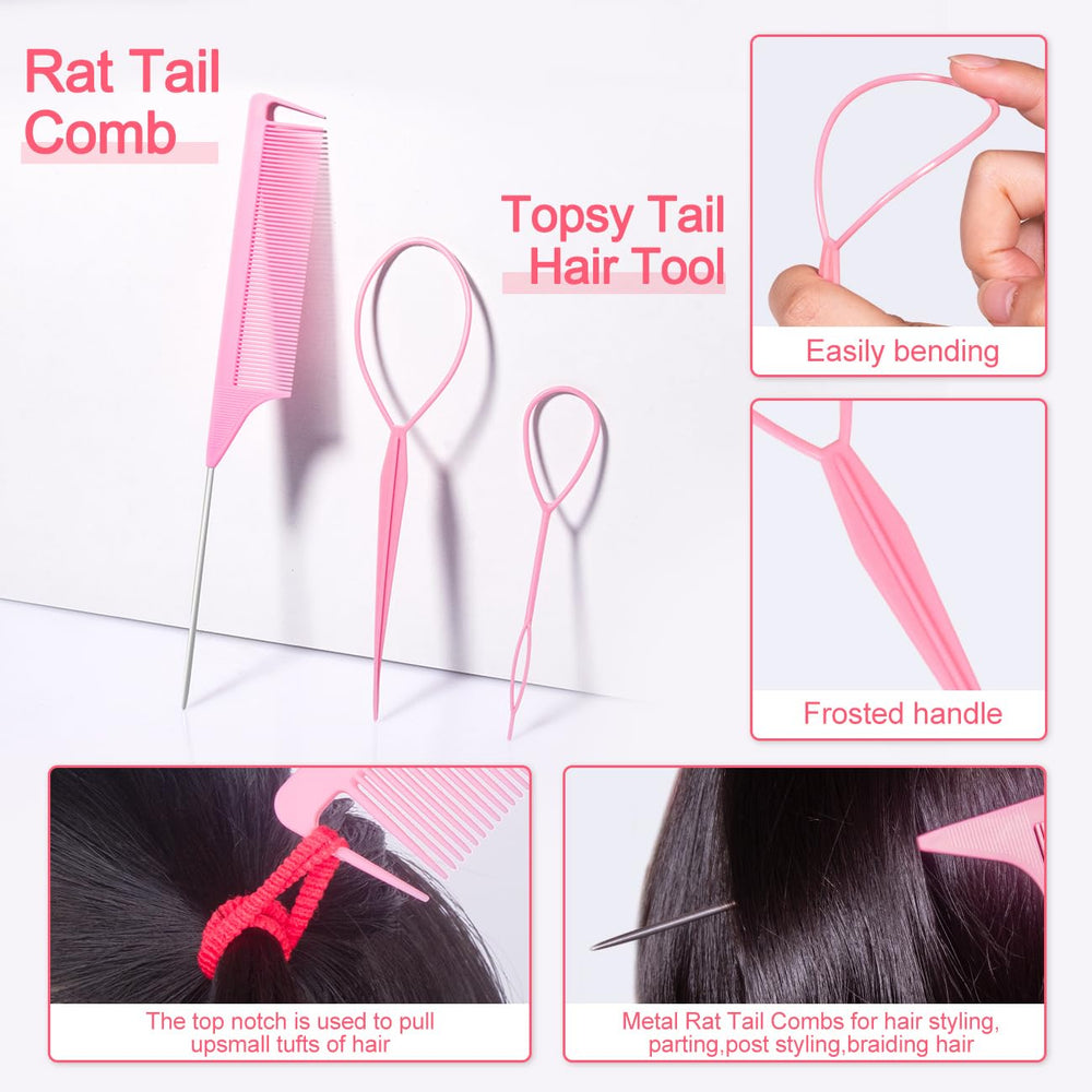 Pydeeirom styling tools set with rat-tail comb topsy tail and clips for tidy sections