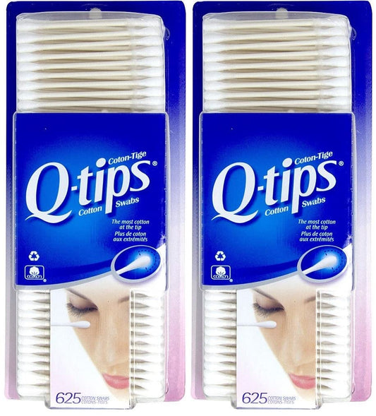 Q-tips front packaging showing two 625-count packs and easy storage benefit