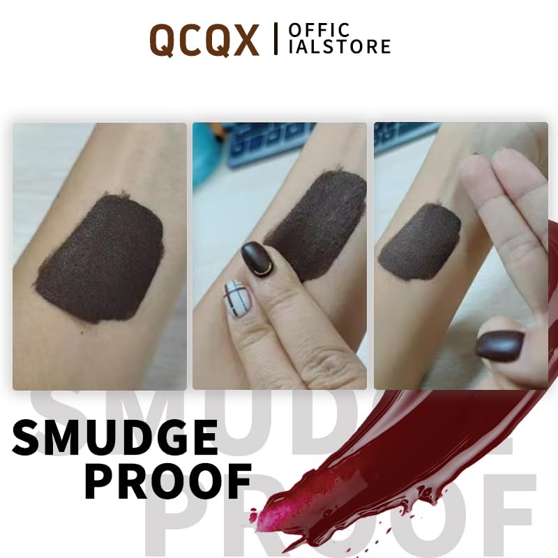QCQX swatch on arm displaying chocolate color payoff and quick-develop benefit