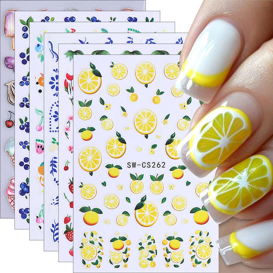 QEYRIYI front packaging showing six fruit nail sticker sheets and bright designs
