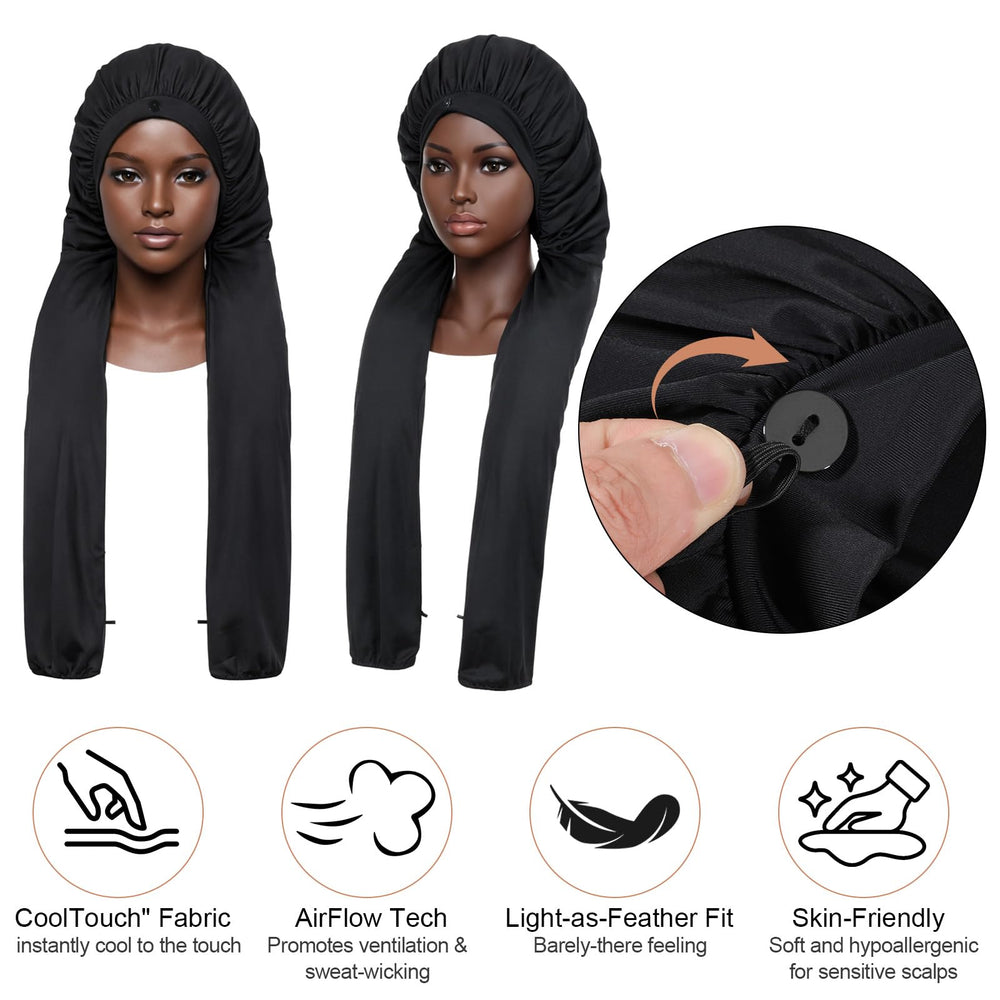 QFGasre model sleeping wearing bonnet to preserve braids and reduce morning tangles