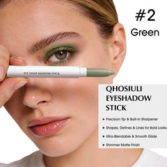 QHOSIULI swatches on skin showing matte green pigment and blendable finish benefit