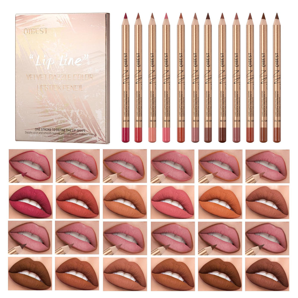 QiBest front packaging showing 12 lip liners and color preview, easy selection benefit