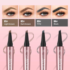 QIC eyebrow pen size scale next to fingers showing compact, travel-friendly design