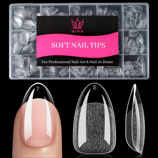 Qiek front packaging showing 240 clear almond tips and benefit of variety