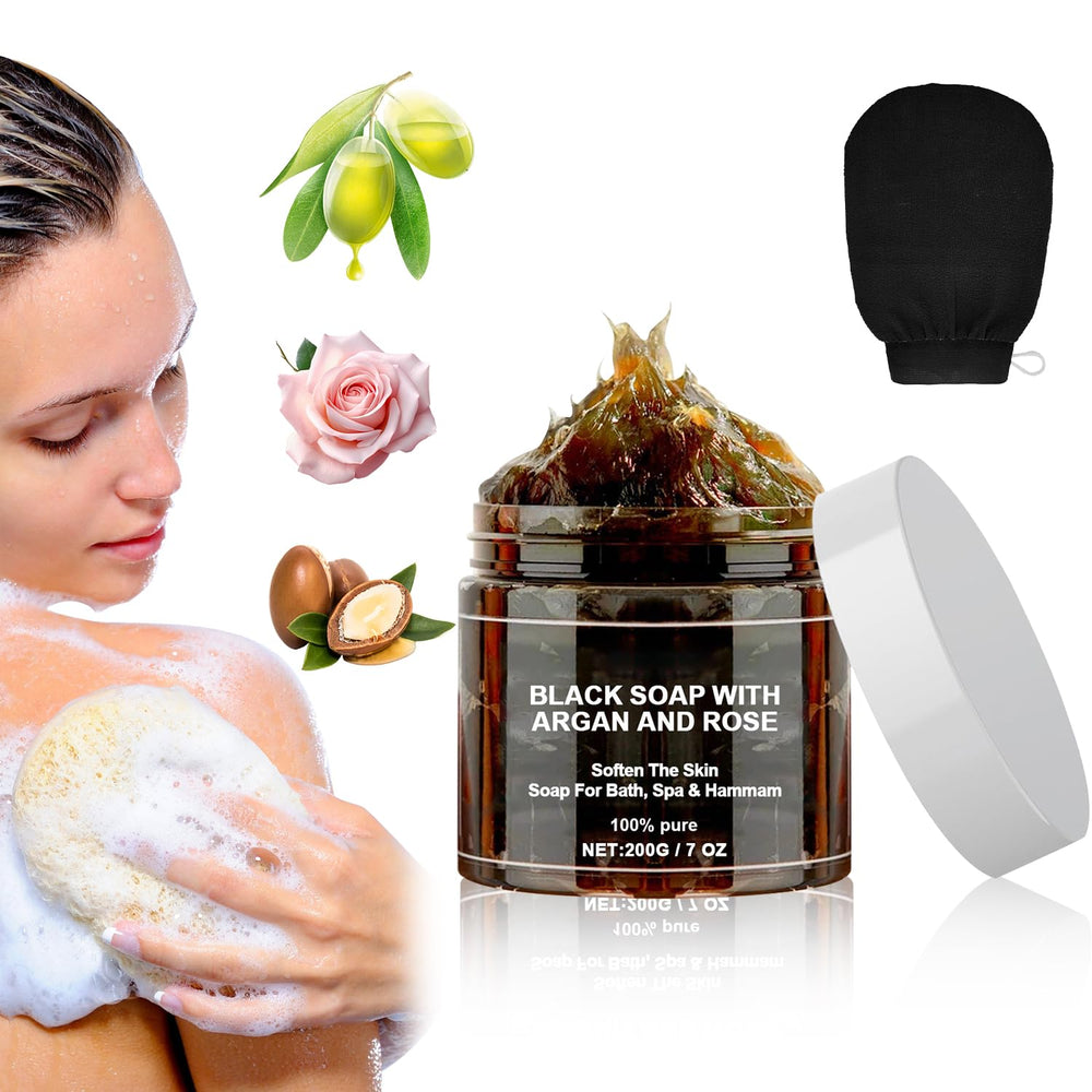 QiFind front packaging of Morocco black soap showing product benefits and natural ingredients