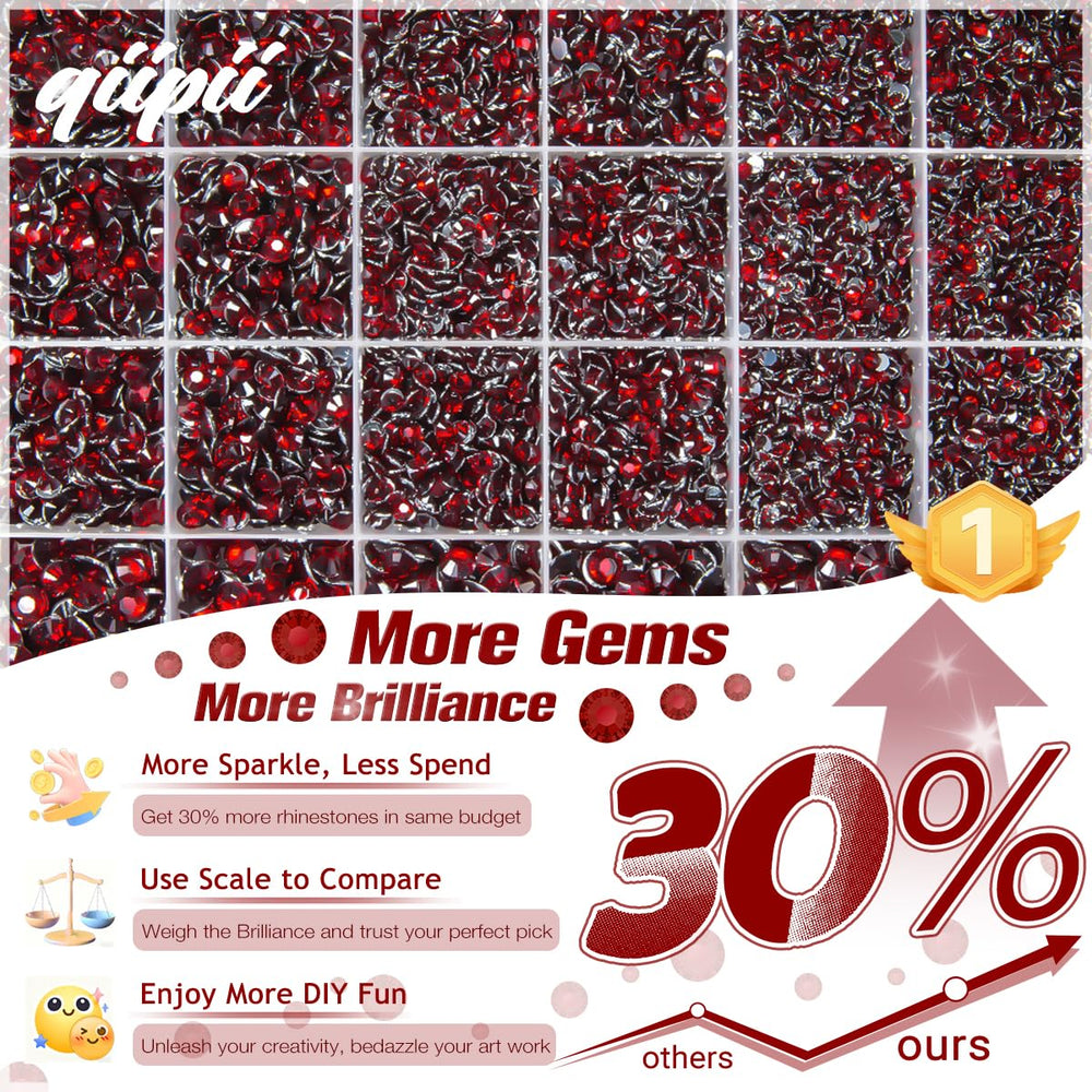 qiipii 24-grid organizer open with separated red resin rhinestones for quick access