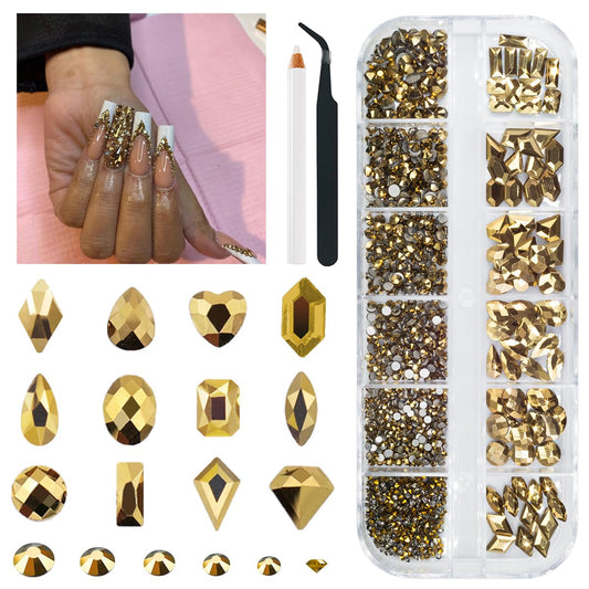 qiipii 12-grid box showing organized gold rhinestones for easy selection