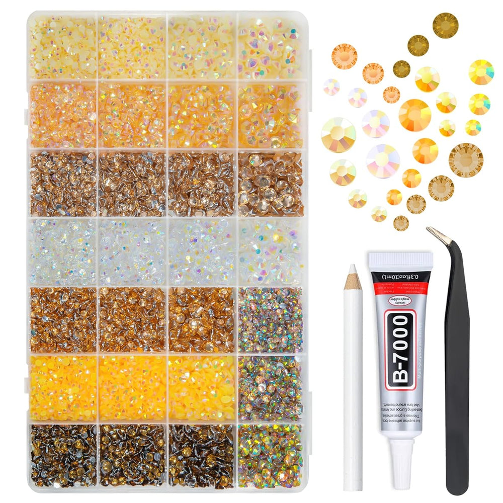 qiipii front packaging showing champagne jelly resin rhinestones and tidy storage, ideal for quick craft access