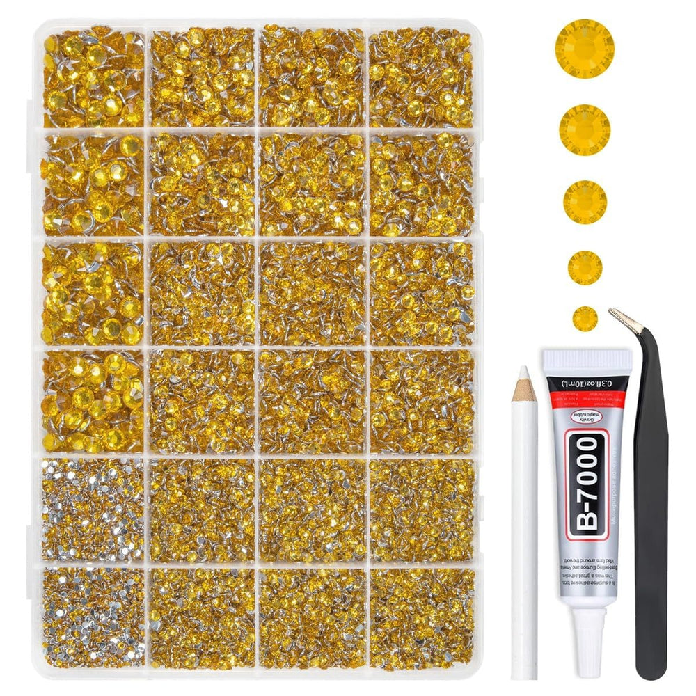qiipii front packaging showing sorted golden yellow rhinestones and neat storage benefit