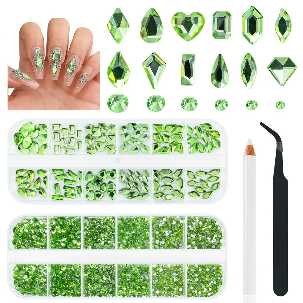 qiipii front packaging showing grass green rhinestones and organized boxes for easy storage