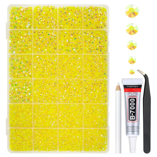 qiipii front packaging showing lemon yellow AB rhinestones and included glue for clear crafting results