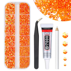 qiipii front packaging showing neon orange rhinestones and included glue, clear organization benefit
