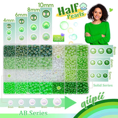 qiipii overhead view of 28 grids displaying varied green and white AB pearls for quick selection