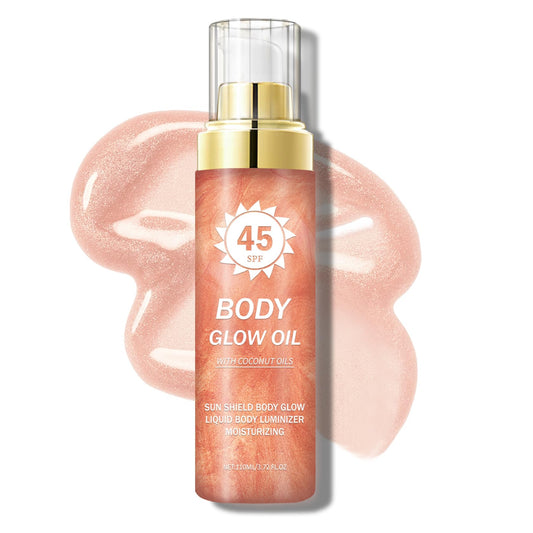 QIUFSSE bottle front view showing SPF 45 and rose gold shimmer for confident protection