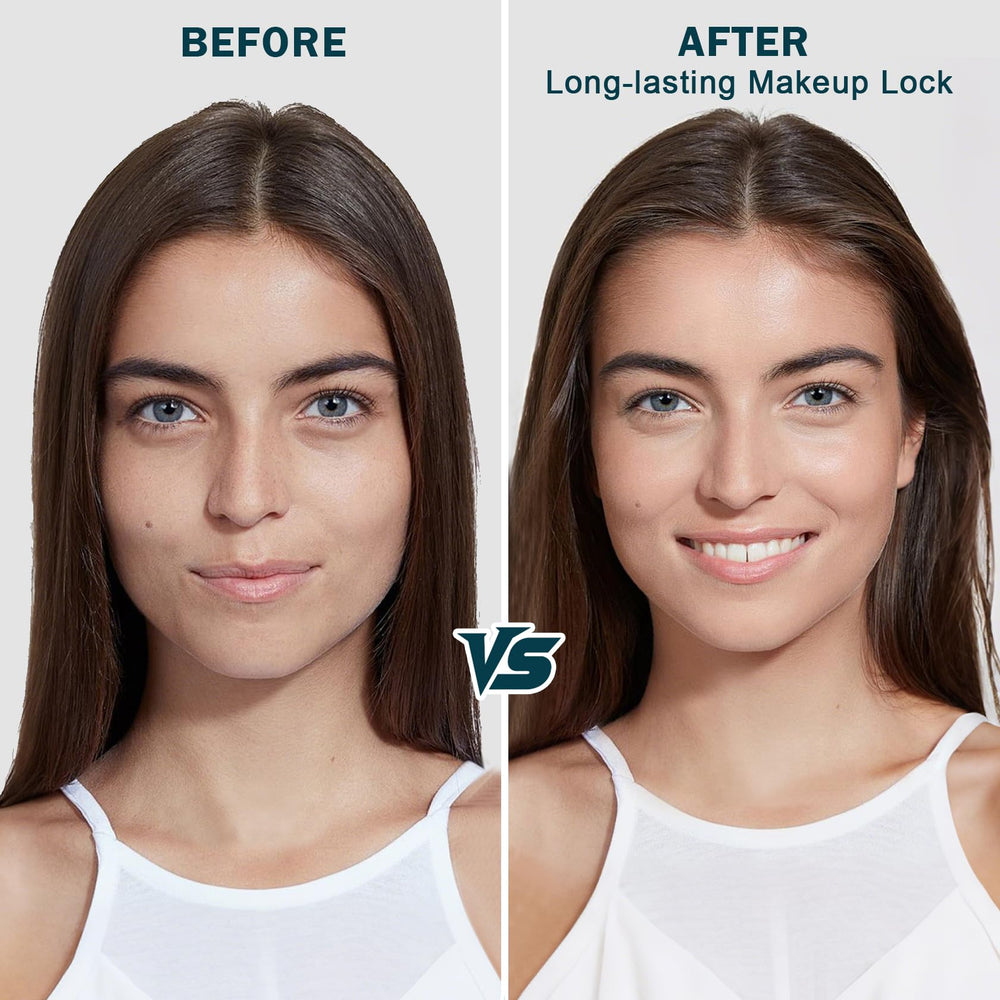 QIUFSSE in use application shows spritzing onto face for long-lasting makeup hold