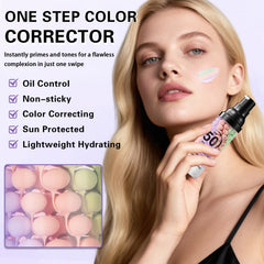 QIUFSSE three tint swatches on arm illustrating purple green pink correction benefits