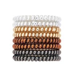 QIUTIMIY front packaging showing 8 metallic spiral hair ties for tidy storage and quick access