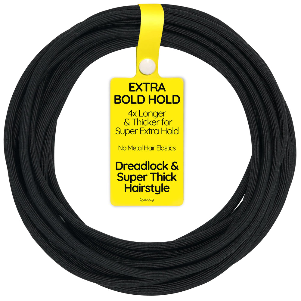 Qooocy front pack of twelve black extra-long hair ties showing quantity and color, reliable supply