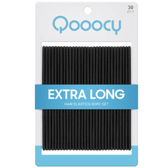 Qooocy front pack of 30 black hair ties showing quantity and slim profile for convenience