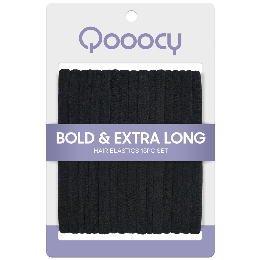 Qooocy front packaging showing 15 black long hair ties for strong yet gentle hold
