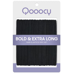 Qooocy front packaging showing 15 black long hair ties for strong yet gentle hold