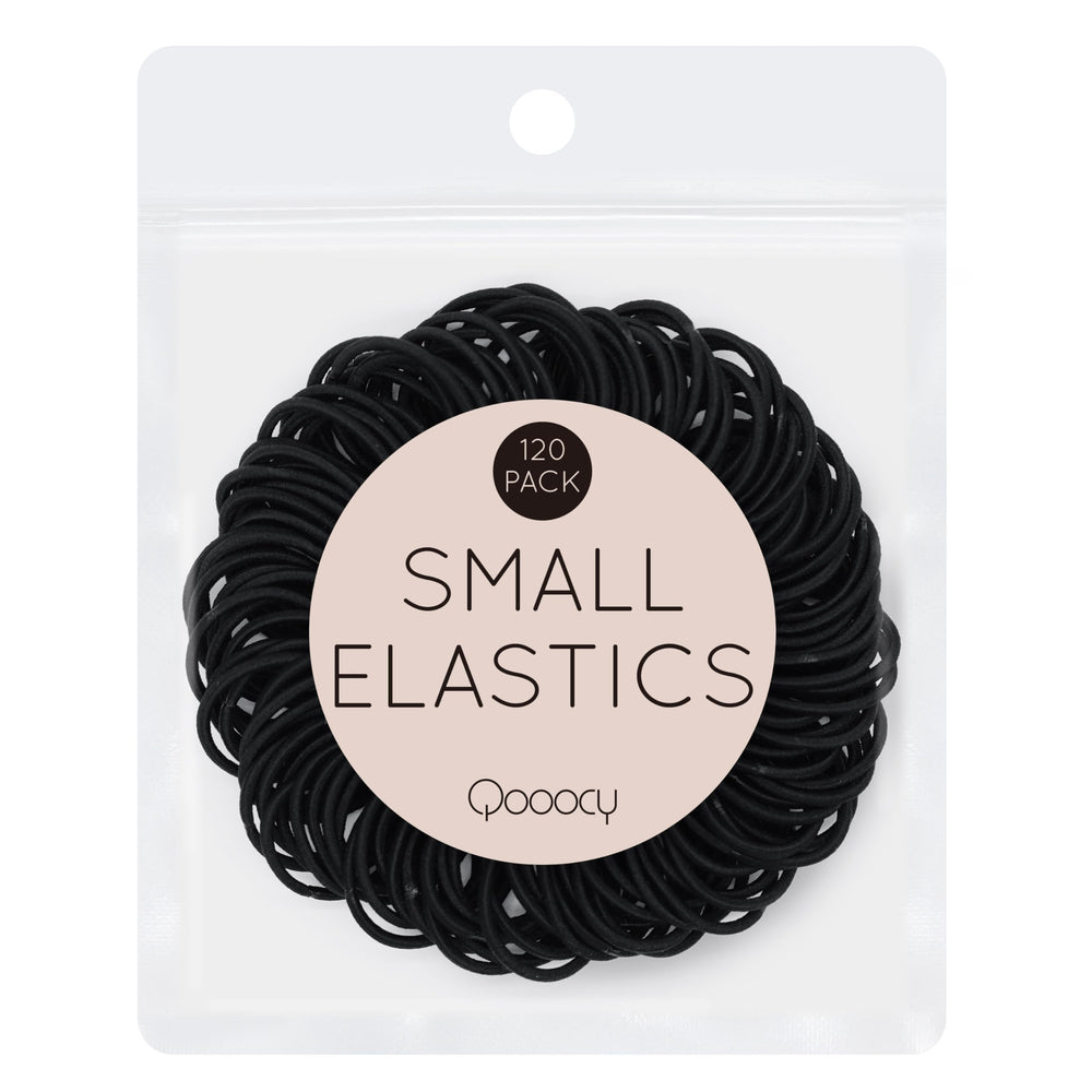 Qooocy front packaging showing 120 black mini hair ties and value