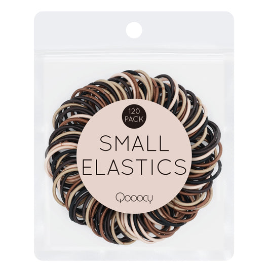 Qooocy front packaging showing 120 mini hair ties and natural colors, convenient storage