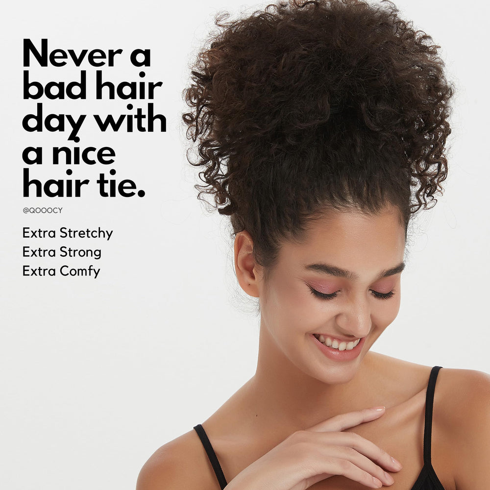 Qooocy in use securing a high ponytail on curly hair for strong hold
