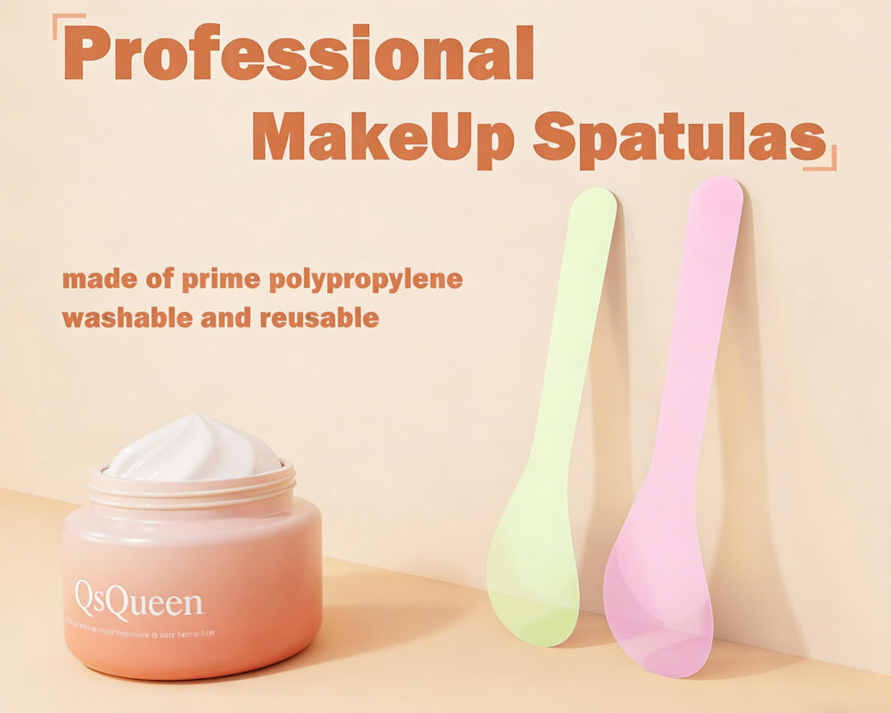 QsQueen spatulas displayed with sample jars illustrating salon-ready sampling