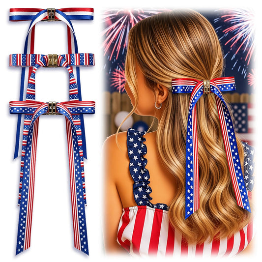Qtaikong front view of three red white blue flag hair bows showing festive design and instant styling
