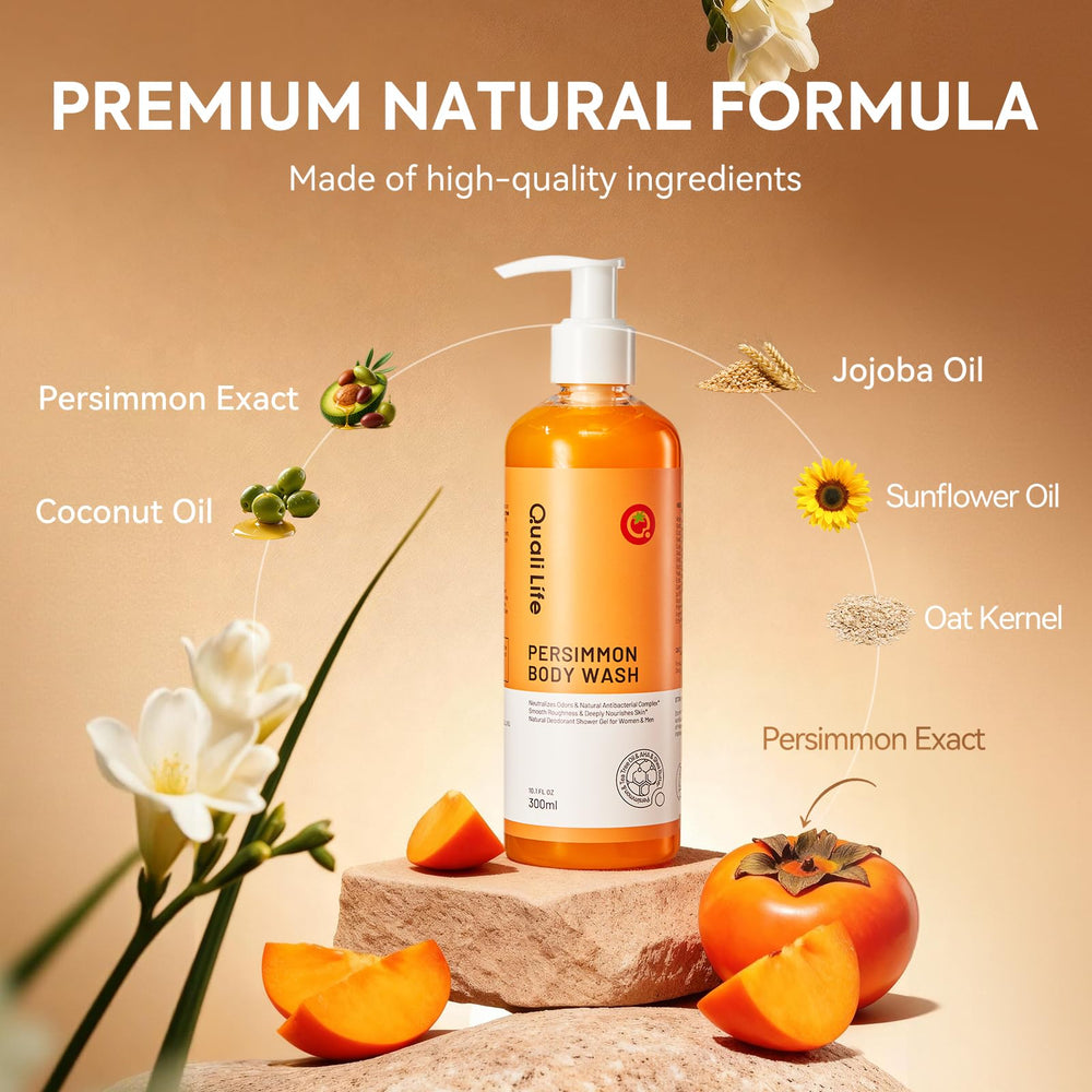 QualiLife label showing key persimmon and tea tree ingredient benefits