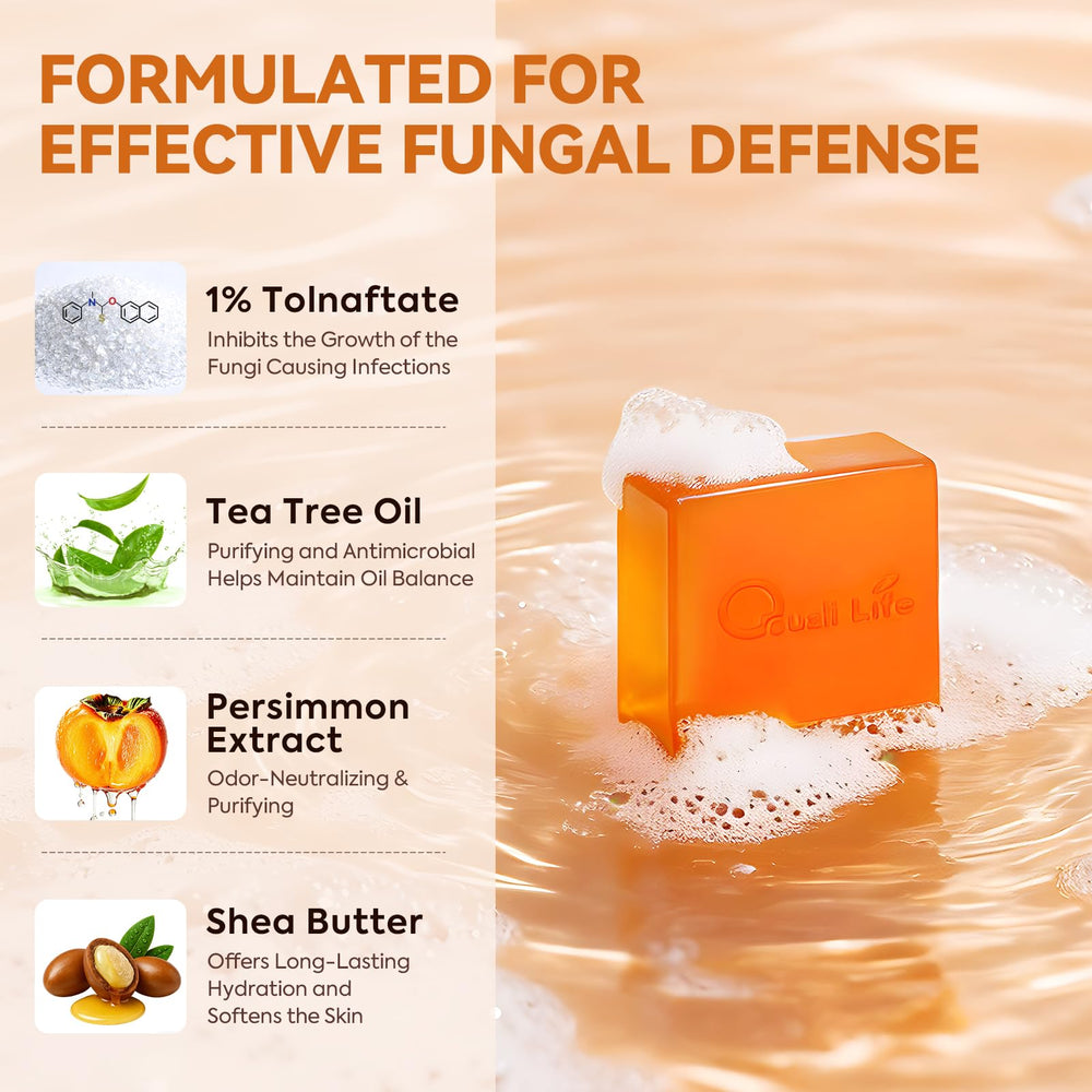 QualiLife soap bar close-up showing smooth texture and medicated formulation for gentle cleansing