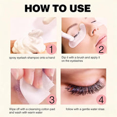 QUDABE foam applied to eyelash extensions, demonstrating gentle effective cleansing