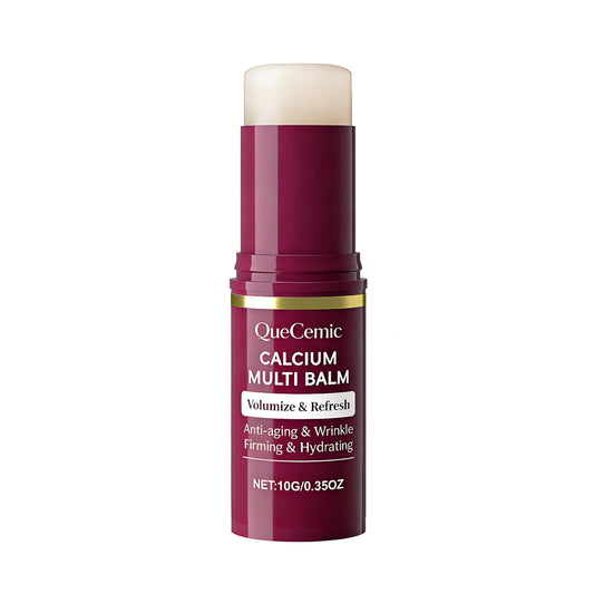QueCemic front packaging showing compact balm stick and label benefit