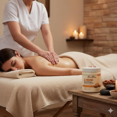 Queen Helene jar in spa setting showing calming almond fragrance and ambiance benefit