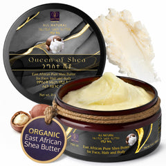 Queen of Shea front tub showing organic label and travel size benefit