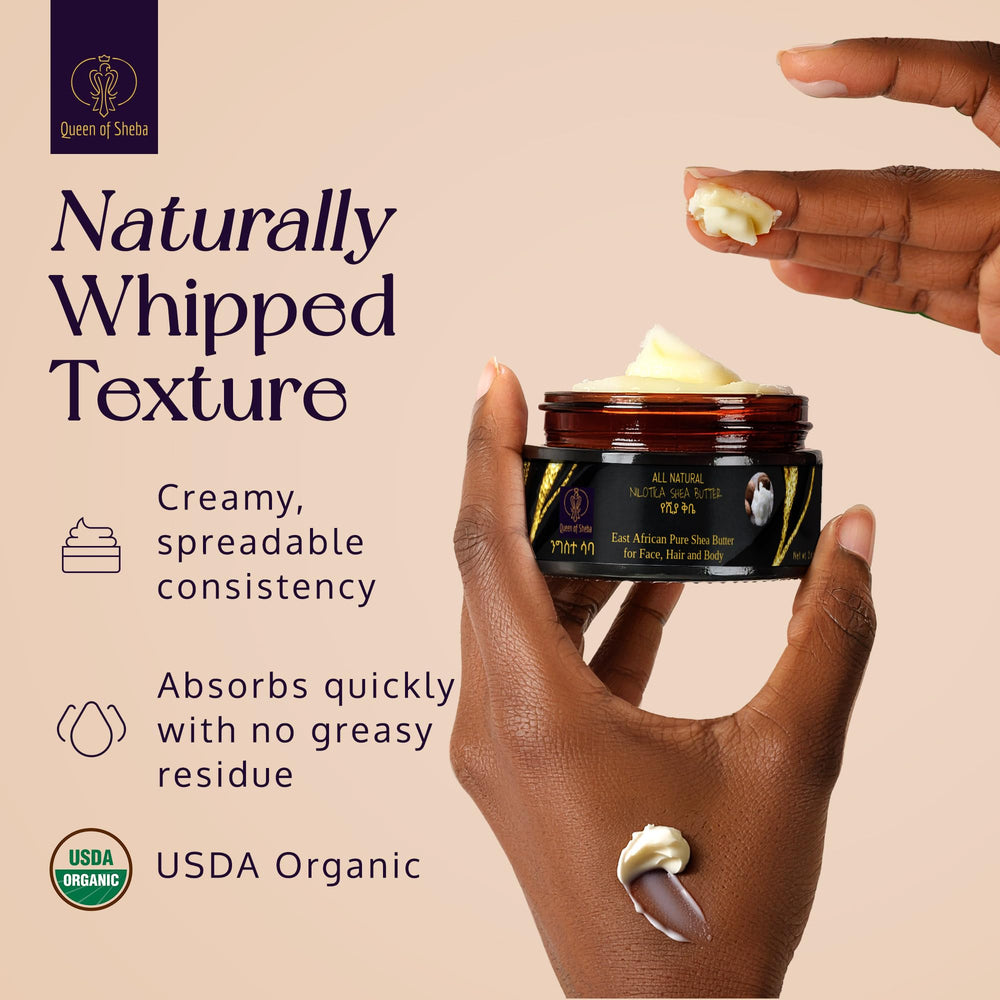 Queen of Shea ingredients label showing USDA Organic and purity benefits