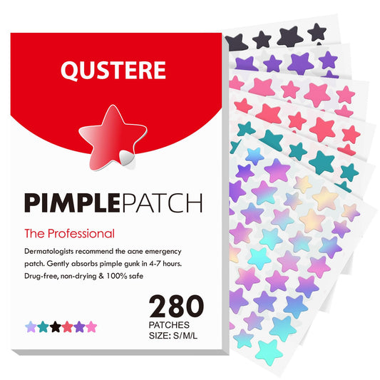 QUSTERE front packaging showing 280 colorful star pimple patches and benefits