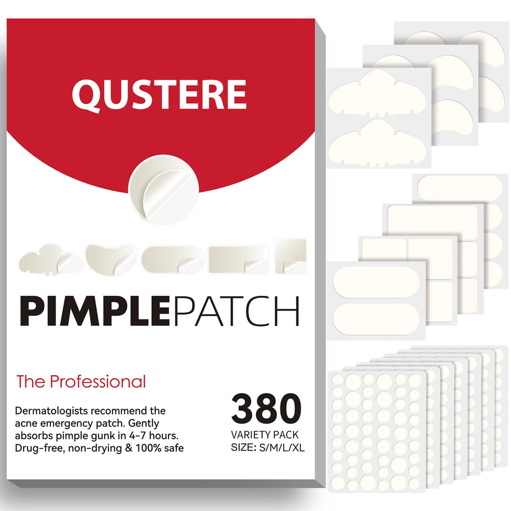 QUSTERE front packaging showing 380-count acne patches and benefits
